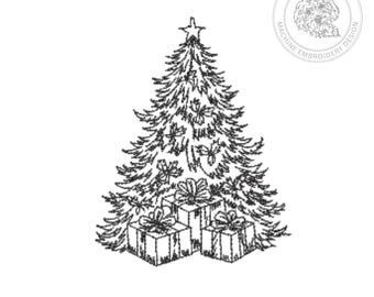 Vintage Christmas Tree Embroidery Design – Redwork Sketch Pattern – To fit hoops 4x4 to 9x12