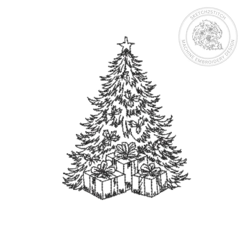 Vintage Christmas Tree Embroidery Design – Redwork Sketch Pattern – To fit hoops 4x4 to 9x12 image 1