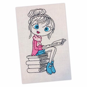 Swirly Girls Reading Set of 4 Sketch Machine Embroidery Design Instant Download 2 Sizes image 4