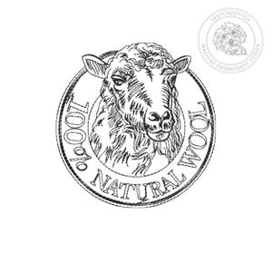 May include: A black and white circular machine embroidery design featuring a detailed illustration of a sheep head in the center. The text 100% NATURAL WOOL is arched around the sheep. A small circular logo with a dog icon reads SKETCH2STITCH.