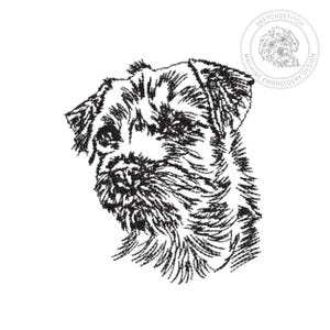 May include: A black and white machine embroidery design featuring a detailed sketch of a terrier dog head. The circular logo in the top right corner contains a small dog illustration and the text SKETCH2STITCH MACHINE EMBROIDERY DESIGN.