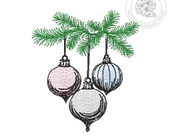 May include: An embroidery design featuring a green pine branch with three hanging ornaments. The ornaments are pink, light blue, and white, each with a pointed base. A circular logo with a dog illustration and the text SKETCH2STITCH MACHINE EMBROIDERY DESIGN is in the top right corner.