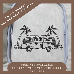Motif de broderie classique hippie bus campervan - motif de croquis redwork - 5 tailles de cercle - téléchargement immédiat