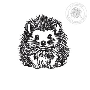 May include: A black and white machine embroidery design of a hedgehog with spiky fur, small ears, and a round nose. The circular logo in the top right corner features a dog illustration and the text Sketch2Stitch Machine Embroidery Design.
