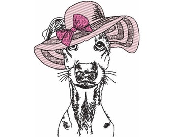 Greyhound in Bonnet Hat  Quick Sketch Machine Embroidery Design Instant Download 5 sizes