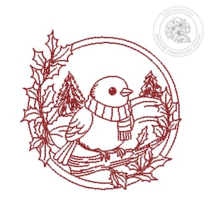 Puede incluir: Un diseño de bordado a máquina rojo que muestra un pájaro con bufanda, posado en una rama dentro de un marco circular de hojas de acebo y pinos. El texto SKETCH2STITCH MACHINE EMBROIDERY DESIGN es visible en la esquina superior derecha.