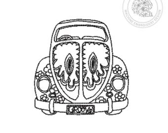 May include: A black and white machine embroidery design featuring the front view of a classic car decorated with floral patterns on the fenders and a stylized hood design. The license plate displays the text GROOVY. A circular logo with a dog icon and the text SKETCH2STITCH MACHINE EMBROIDERY DESIGN is in the top right corner.