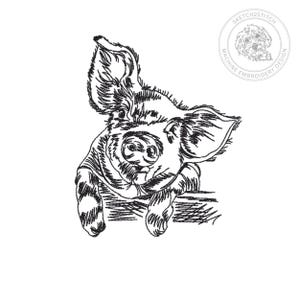 May include: A black and white machine embroidery design featuring a sketch-style illustration of a piglet with large ears and a snout. The design includes a circular logo in the top right corner with the text SKETCH2STITCH MACHINE EMBROIDERY DESIGN.