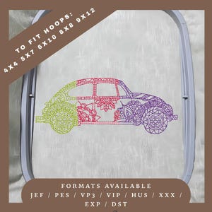 Motif de broderie voiture hippie classique - motif de croquis redwork - 5 tailles de cercle - téléchargement immédiat
