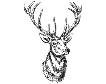 Vintage Stags Head Redwork Machine Embroidery Design 5 Sizes - Instant Download