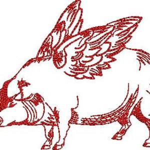 Vintage Flying Pig Redwork Sketch Machine Embroidery Design 2 Sizes - Instant Download