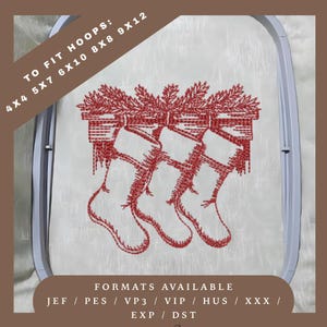 Vintage Christmas Stockings Embroidery Design – Redwork Sketch Pattern – To fit hoops 4x4 to 9x12
