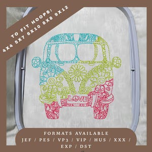 Motif de broderie classique hippie bus campervan - motif de croquis redwork - 5 tailles de cercle - téléchargement immédiat