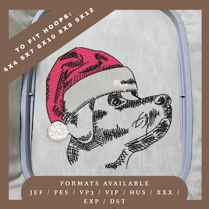 May include: An embroidered design of a dog wearing a Santa hat. The design is in a hoop, with text indicating it fits 4x4, 5x7, 6x10, 8x8, and 9x12 hoops. Formats available include JEF, PES, VP3, VIP, HUS, XXX, EXP, and DST.