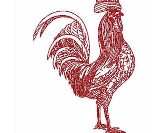 Vintage Rooster Cockrill Bird Redwork Machine Embroidery Design 2 Sizes - Instant Download