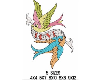 Tattoo Love Birds Sketch Machine Embroidery Design Instant Download 5 sizes