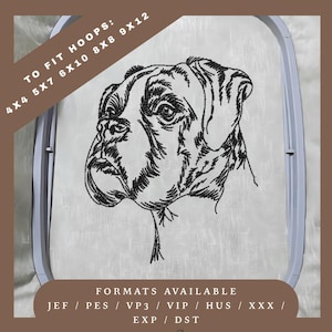 Disegno da ricamo per cane Boxer – Schema schizzo Redwork – 5 misure di telaio – Download immediato