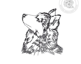 Diseño de bordado de perro husky – Patrón de boceto en rojo – 5 tamaños de bastidor – Descarga instantánea