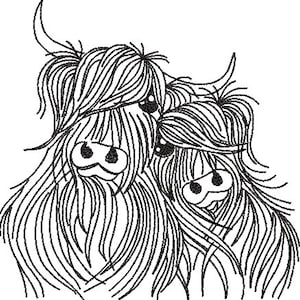 Scottish Highland Cow Pair Redwork Sketch Machine Embroidery Design - 5 Sizes - instant download