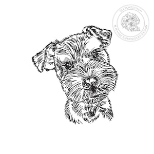 Puede incluir: Un diseño de bordado a máquina en blanco y negro que presenta un boceto detallado de una cabeza de perro terrier con pelaje texturizado y orejas caídas. El logotipo circular en la esquina superior derecha contiene una ilustración de perro y el texto SKETCH2STITCH.