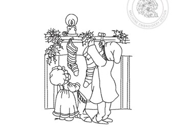 Vintage Christmas Childrens Redwork Embroidery Design - 5 Sizes - Instant Download