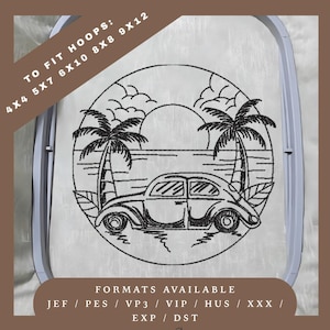 Motif de broderie voiture hippie classique - motif de croquis redwork - 5 tailles de cercle - téléchargement immédiat