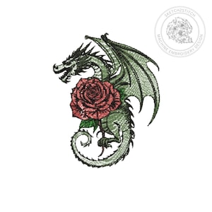 May include: A machine embroidery design featuring a green dragon with a long, curled tail and large wings, clutching a detailed red rose with green leaves. The circular logo in the top right corner contains a dog illustration and the text SKETCH2STITCH.