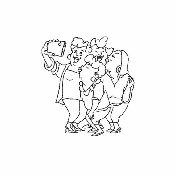 Women Taking Selfie Sketch Embroidery Design Instant Download 2 Sizes