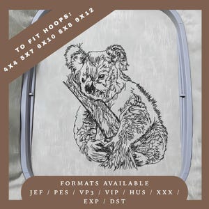 Borduurontwerp koalabeer – Redwork-schetspatroon – 5 ringformaten – Direct downloaden