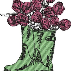 Vintage Wellie Boots and Tulip Flowers Sketch Machine Embroidery Design Instant Download 5 SIZES image 2