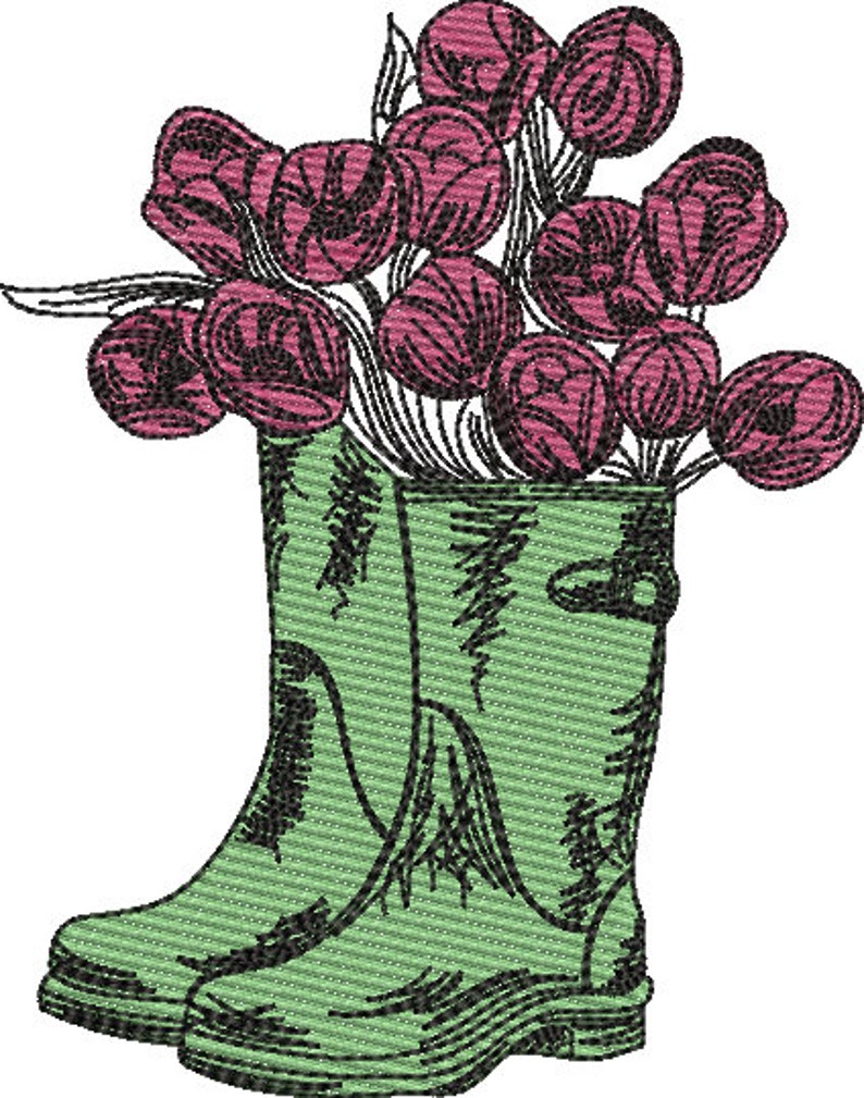 Vintage Wellie Boots and Tulip Flowers Sketch Machine Embroidery Design Instant Download 5 SIZES image 2