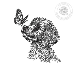 May include: A black and white machine embroidery design featuring a detailed illustration of a fluffy dog looking up at a butterfly perched on its nose. The circular logo in the top right corner contains a dog face and the text SKETCH2STITCH.