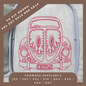 Motif de broderie voiture hippie classique - motif de croquis redwork - 5 tailles de cercle - téléchargement immédiat