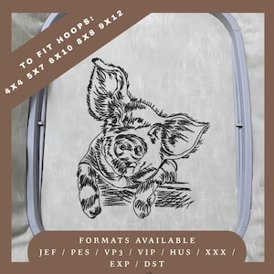 Farmyard Pig Embroidery Design – Redwork Sketch Pattern – 5 Hoop Sizes – Instant Download