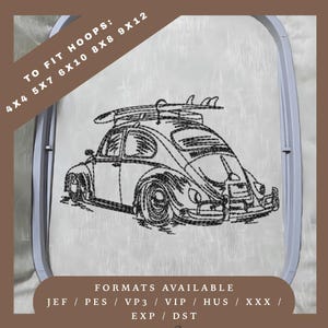 Motif de broderie voiture hippie classique - motif de croquis redwork - 5 tailles de cercle - téléchargement immédiat