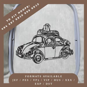 Motif de broderie voiture hippie classique - motif de croquis redwork - 5 tailles de cercle - téléchargement immédiat