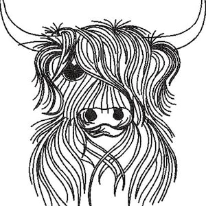 Scottish Highland Cow Redwork Sketch Machine Embroidery Design - 5 Sizes - instant download