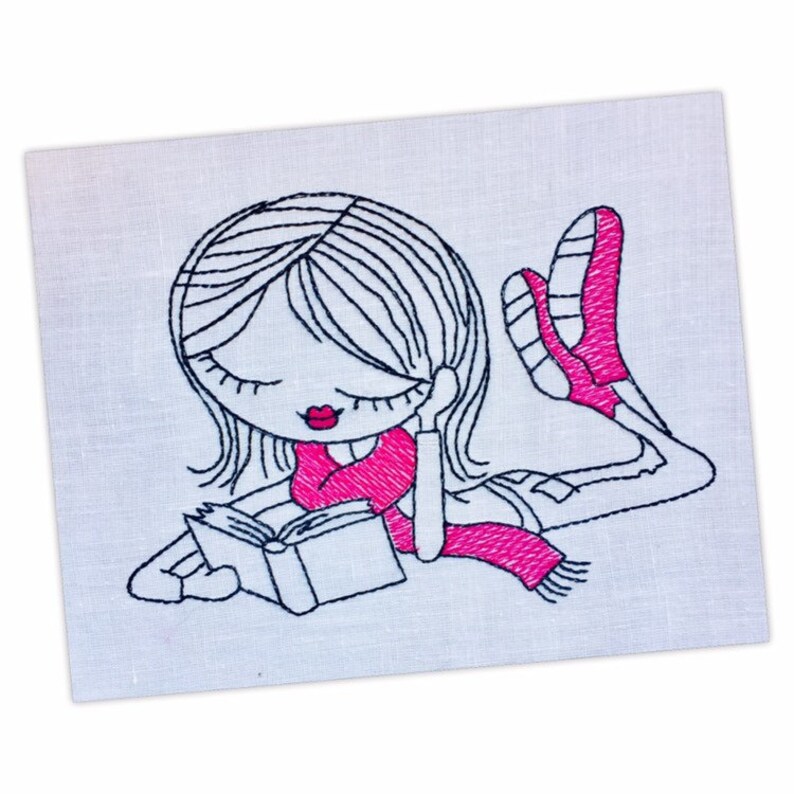 Swirly Girls Reading Set of 4 Sketch Machine Embroidery Design Instant Download 2 Sizes image 5