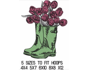 Vintage Wellie Boots and Tulip Flowers Sketch Machine Embroidery Design - Instant Download - 5 SIZES