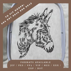 Pode incluir: Design de bordado a preto e branco de uma cabeça de burro num bastidor. O texto diz "TO FIT HOOPS: 4x4 5x7 6x10 8x8 9x12". Abaixo, "FORMATS AVAILABLE" seguido de uma lista de formatos de arquivo.