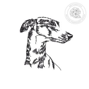 Puede incluir: Un diseño de bordado a máquina en negro que muestra el perfil lateral de un galgo. La ilustración utiliza líneas sombreadas para crear la forma y la textura de la cabeza y el cuello del perro. Un logotipo circular con el texto SKETCH2STITCH MACHINE EMBROIDERY DESIGN.