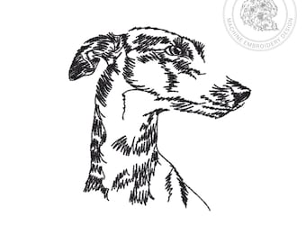 Diseño de bordado de perro galgo – Patrón de boceto en rojo – 5 tamaños de bastidor – Descarga instantánea