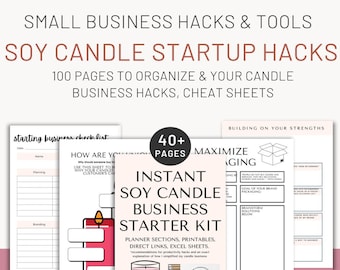Könnte beinhalten: Ein druckbarer Leitfaden für den Start eines Sojawachskerzen-Geschäfts. Das Cover zeigt ein rosa Kerzenglas mit dem Wort "Destress" darauf. Der Titel des Leitfadens lautet "Instant Soy Candle Business Starter Kit" und er umfasst über 40 Seiten mit Planer-Abschnitten, Druckvorlagen, Direktlinks und Excel-Tabellen.