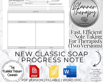 May include: A printable SOAP progress note template for therapists. The template is in a classic style and includes sections for subjective, objective, assessment, and plan. The template is available in PDF and Word formats. The template is compatible with GoodNotes and other digital note-taking apps.
