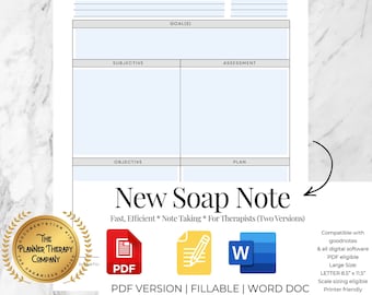 May include: A printable SOAP note template for therapists. The template is divided into four sections: subjective, objective, assessment, and plan. The template is available in PDF and Word document formats. The text "New Soap Note" is written in a large font at the bottom of the page.