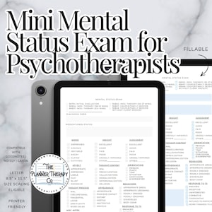 May include: A printable digital download of a Mini Mental Status Exam for Psychotherapists. The form is designed for use in individual, couple, and family therapy sessions. The form includes sections for mood, insight, judgement, thought content, orientation, appearance, behaviors, and response to treatment.