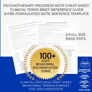 PSYCHOTHERAPY PROGRESS NOTE cheat sheet,   Clinical terms reference guide,  psychotherapy worksheets for therapist
