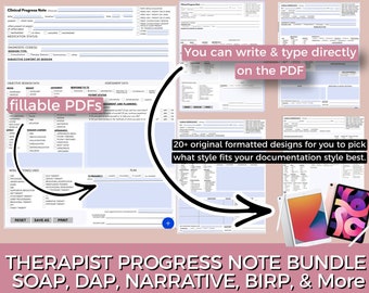 May include: A bundle of therapist progress note templates in digital PDF format. The templates are customizable, printable, and can be uploaded directly to an EHR. The image shows a variety of templates, including SOAP, DAP, Narrative, and BIRP. The text "fillable PDFs" is highlighted on one of the templates.