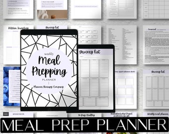 May include: A digital planner with a black and white geometric design on the cover. The planner is titled "weekly Meal Prepping Planner" and includes a variety of pages for meal planning, grocery lists, and other organizational tasks. The text "50+ PAGES" and "SYSTEMS OF SUCCESS" are also visible on the cover.