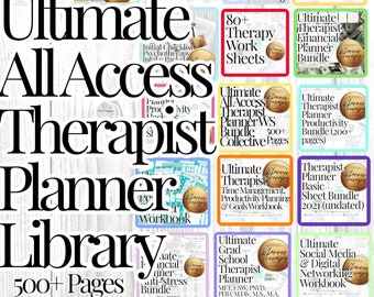 Puede incluir: Un collage de imágenes coloridas que promocionan una biblioteca de planificadores para terapeutas con más de 500 páginas. Las imágenes incluyen títulos como "Ultimate Therapist Planner Library", "Ultimate All Access Therapist Planner Bundle", "Ultimate Therapist Time Management & Goal Planning", "Ultimate Therapist Financial Planner Bundle", "Ultimate Grad School Therapist Planner", "Ultimate Social Media & Digital Networking Workbook" y "Therapist Planner Basic Sheet Bundle".
